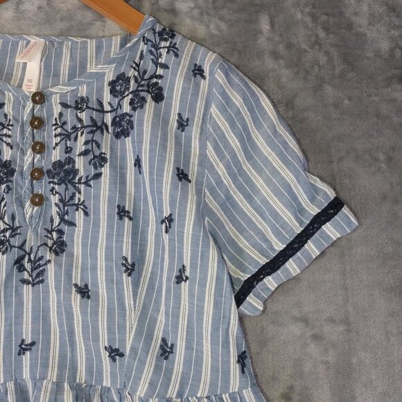 Boho Embroidered Peplum Blouse Women's XS Blue Striped Cotton Short Sleeves - Picture 6 of 10